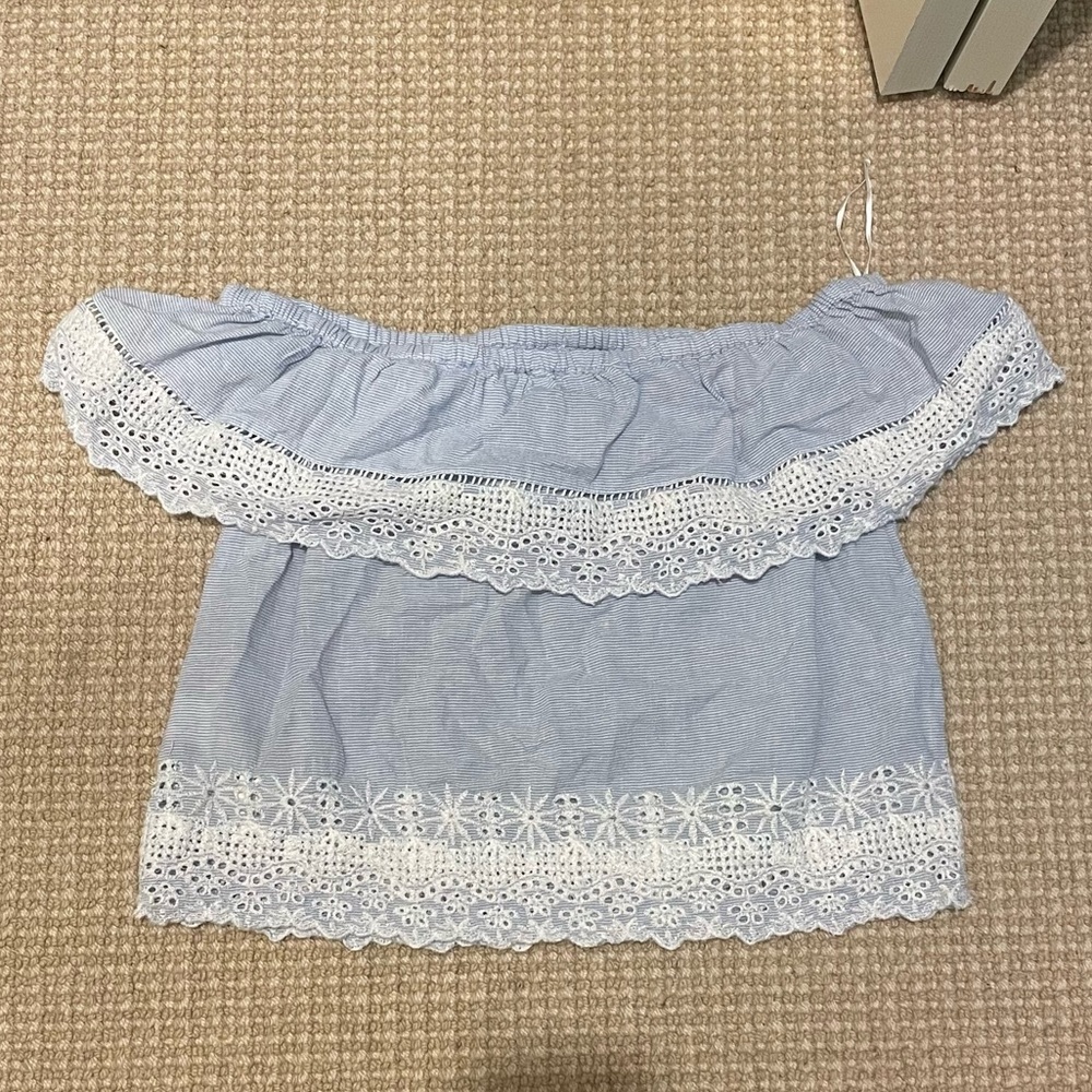 ZARA off the shoulder blue and white striped top